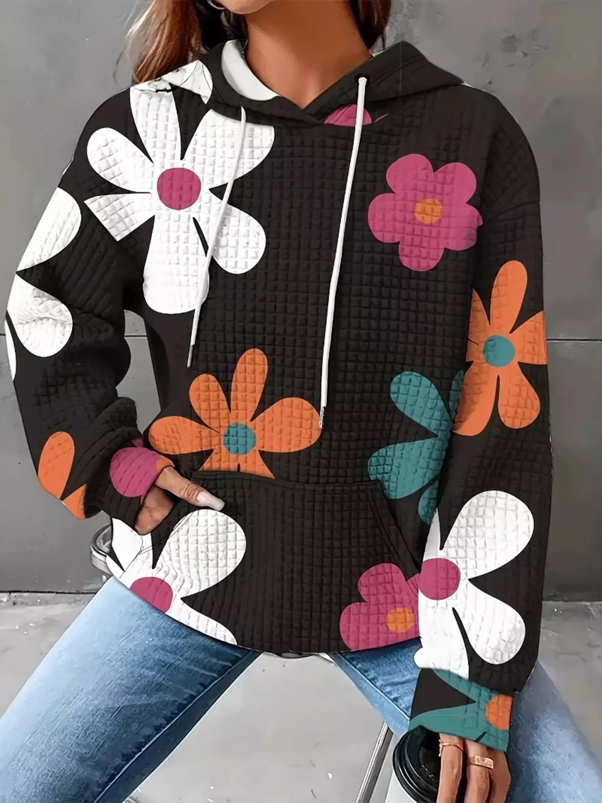 Simply Love floral print hoodie featuring colorful flower patterns and a comfortable fit, ideal for casual wear.