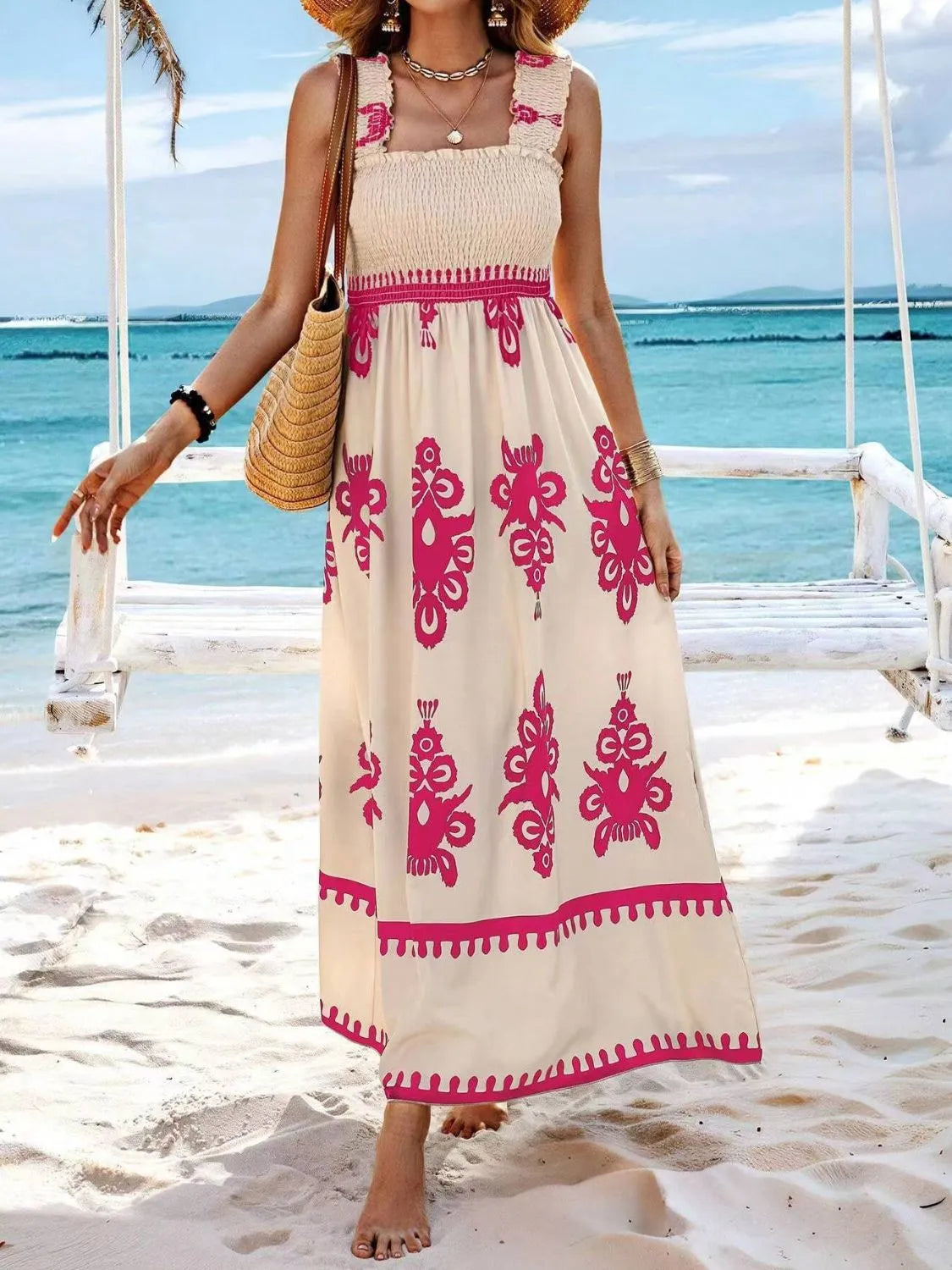 Plush Fashion Hub smocked printed wide strap maxi dress with flowy fabric and vibrant floral pattern, perfect for summer wear.