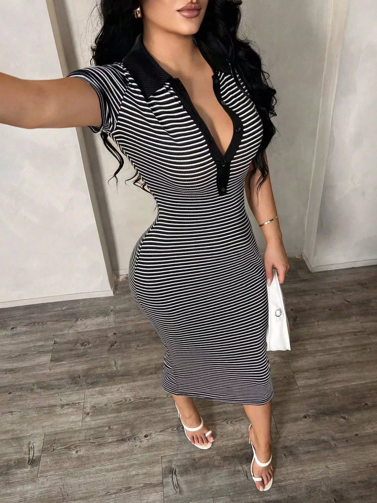 Striped Polo Collar Midi Dress from Plush Fashion Hub, featuring a fitted bodice, short sleeves, and a flowing midi skirt.