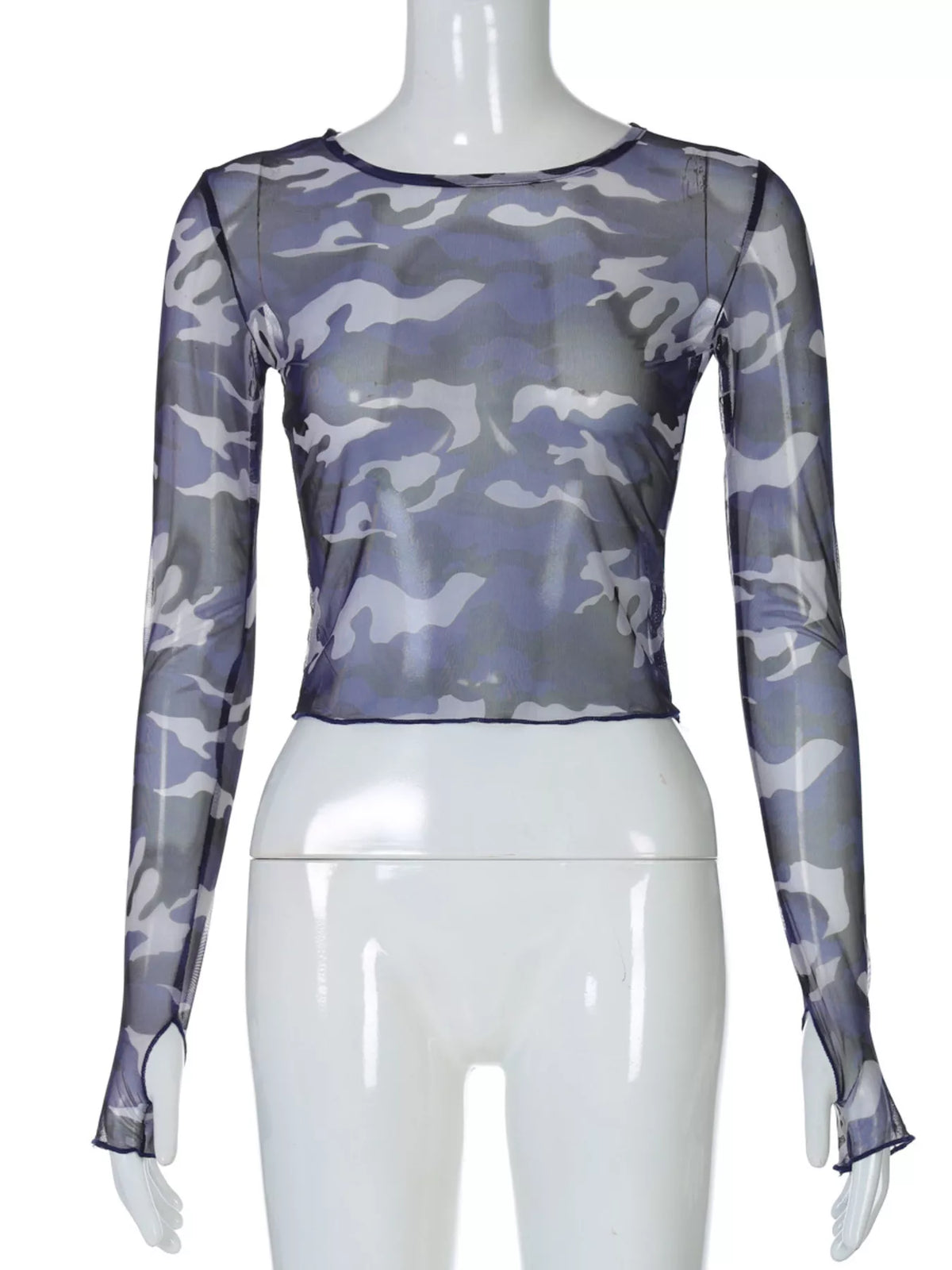 Camouflage mesh long sleeve T-shirt from Plush Fashion Hub, featuring a camouflage pattern and lightweight mesh fabric.