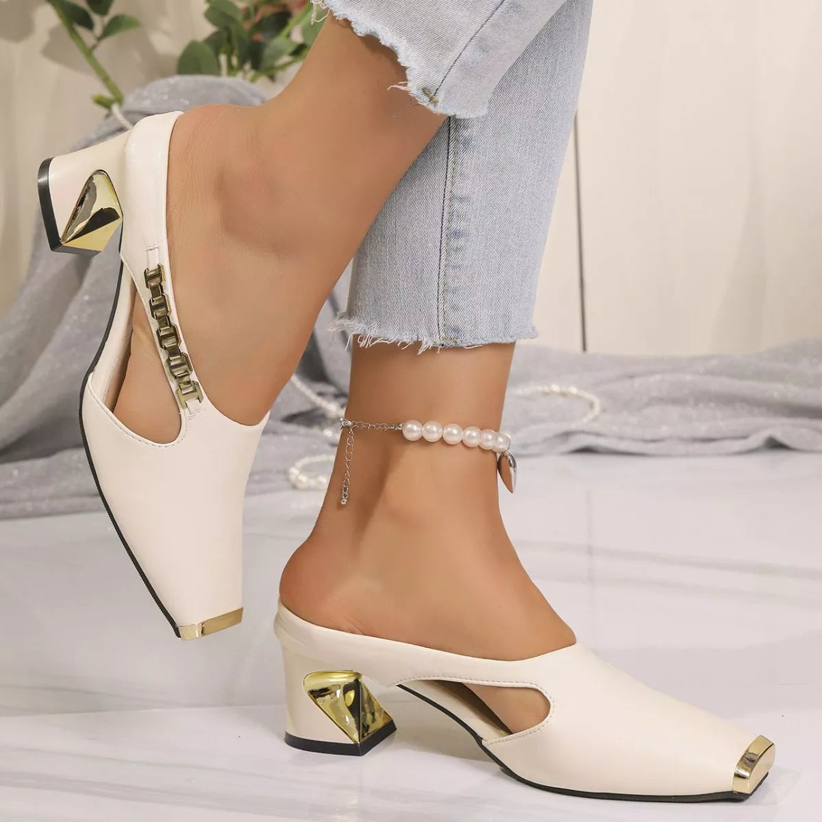 Plush Fashion Hub square toe block heel sandals with open design and stylish straps on a neutral background
