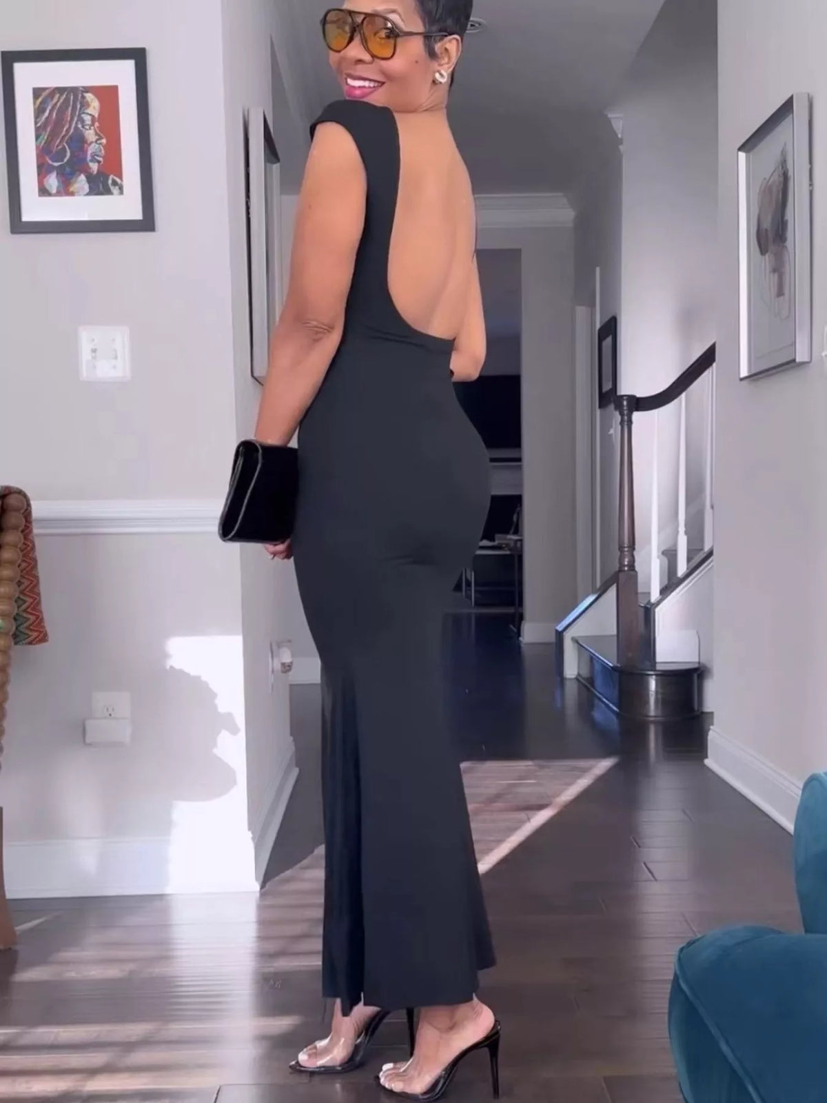 Plush Fashion Hub backless cap sleeve maxi dress in soft fabric, featuring a flowing silhouette and elegant design.