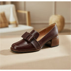Women's plush fashion hub cowhide square toe chunky heel pumps with floral detail, perfect for stylish commuter footwear.