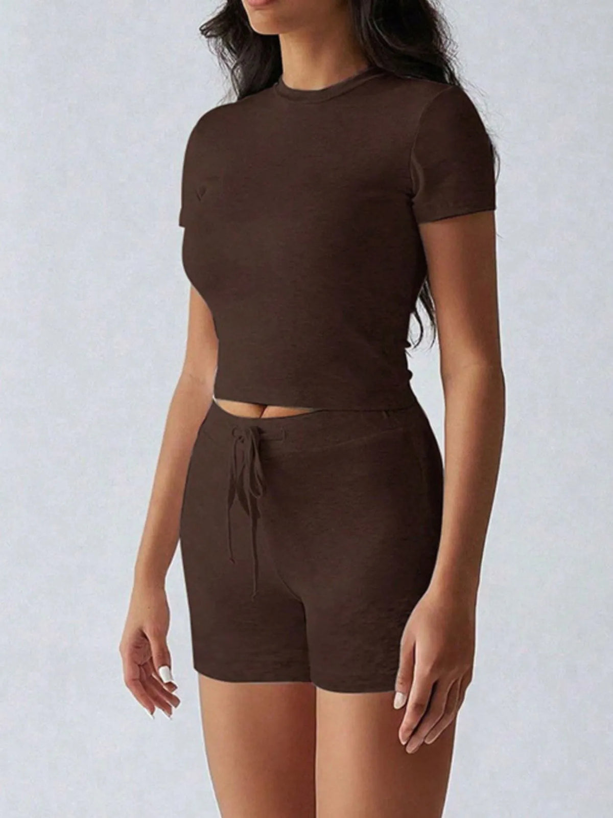 Plush Fashion Hub active wear set with round neck short sleeve top and matching shorts, ideal for workout or casual wear.