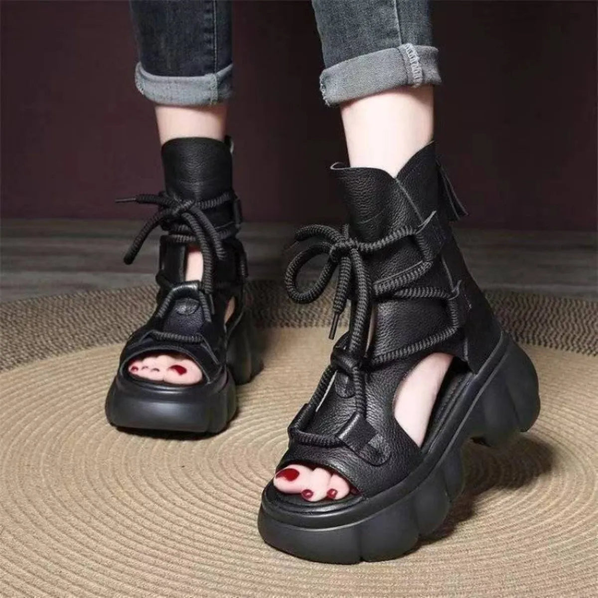 Trendsi chunky platform lace-up sandals with thick soles and open toe design, stylish footwear for casual and trendy looks