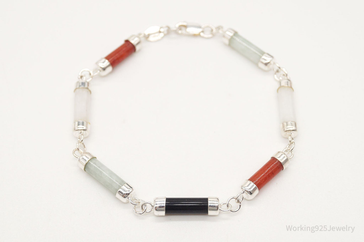 Vintage Jade Coral Black Onyx Sterling Silver Bracelet Working 925 Jewelry