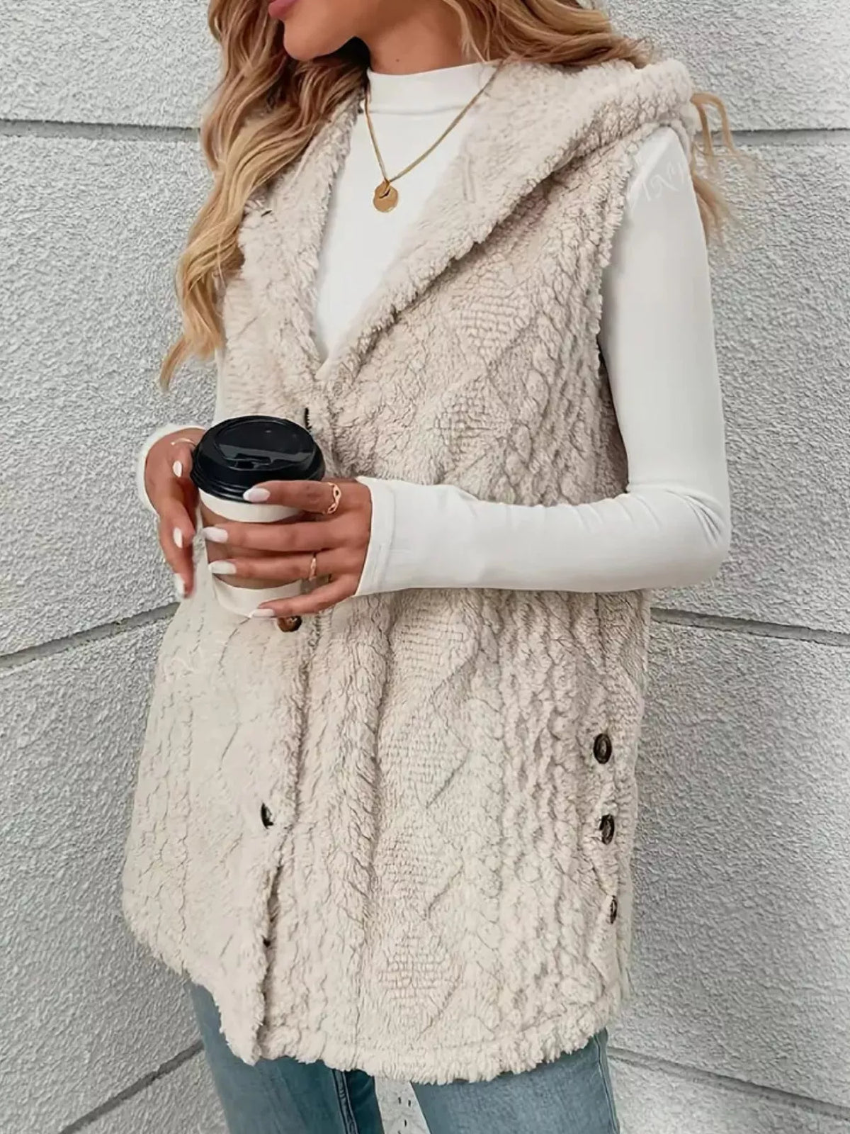 Simply Love hooded button-up sherpa vest coat with front pockets and plush lining, perfect for cozy winter layering.