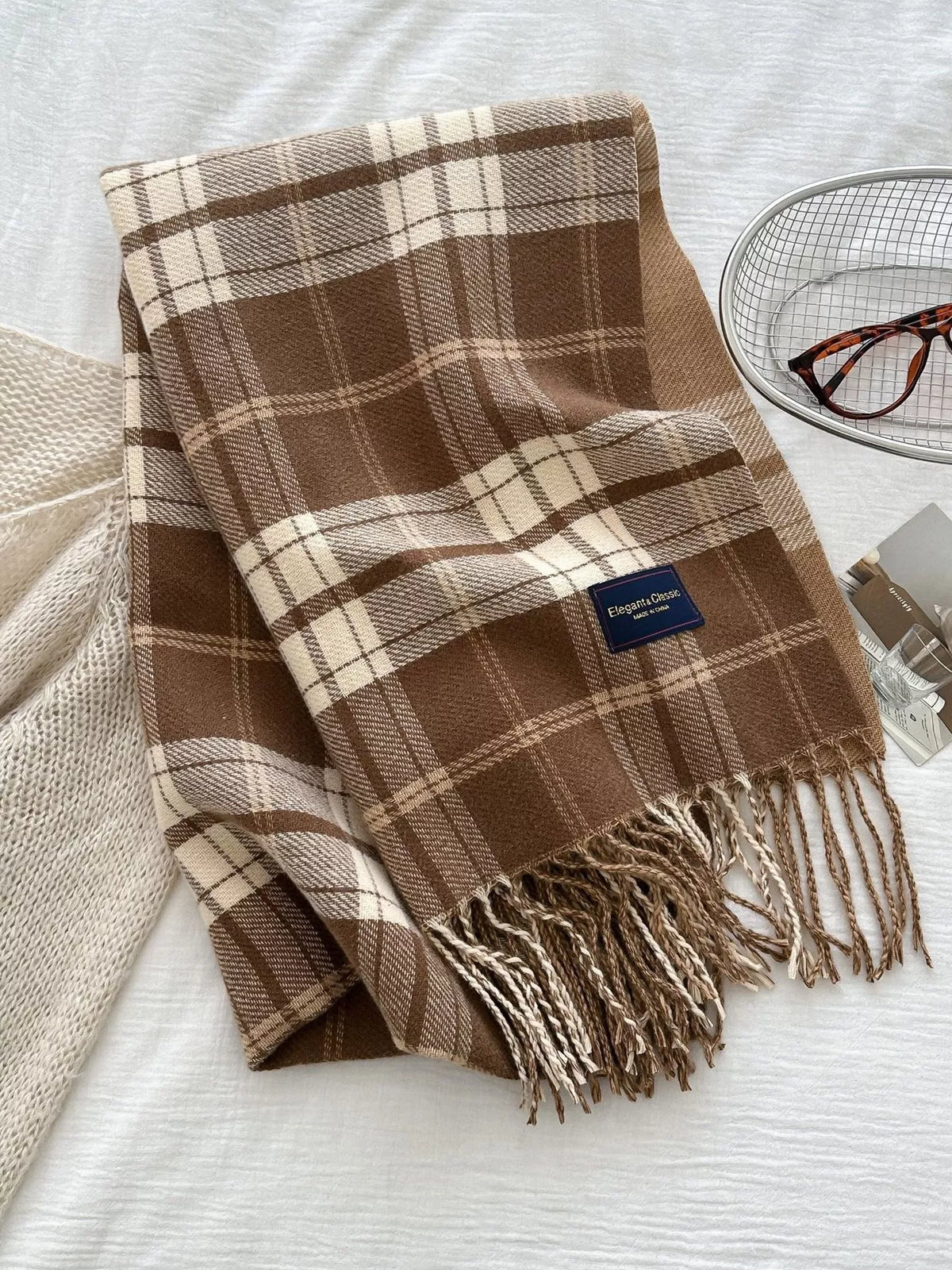 Simply Love classic plaid scarf featuring fringe details and a cozy plaid pattern, perfect for stylish winter accessories.