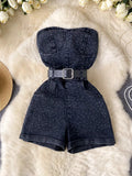 Plush Fashion Hub strapless denim romper with pockets, full-body jumpsuit, casual summer outfit, front view showing pocket details.