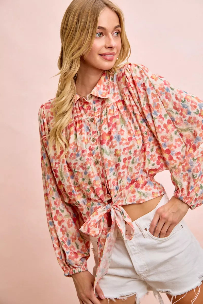 Floral print tie hem crop top from Plush Fashion Hub, featuring a stylish design with a relaxed fit and vibrant pattern.