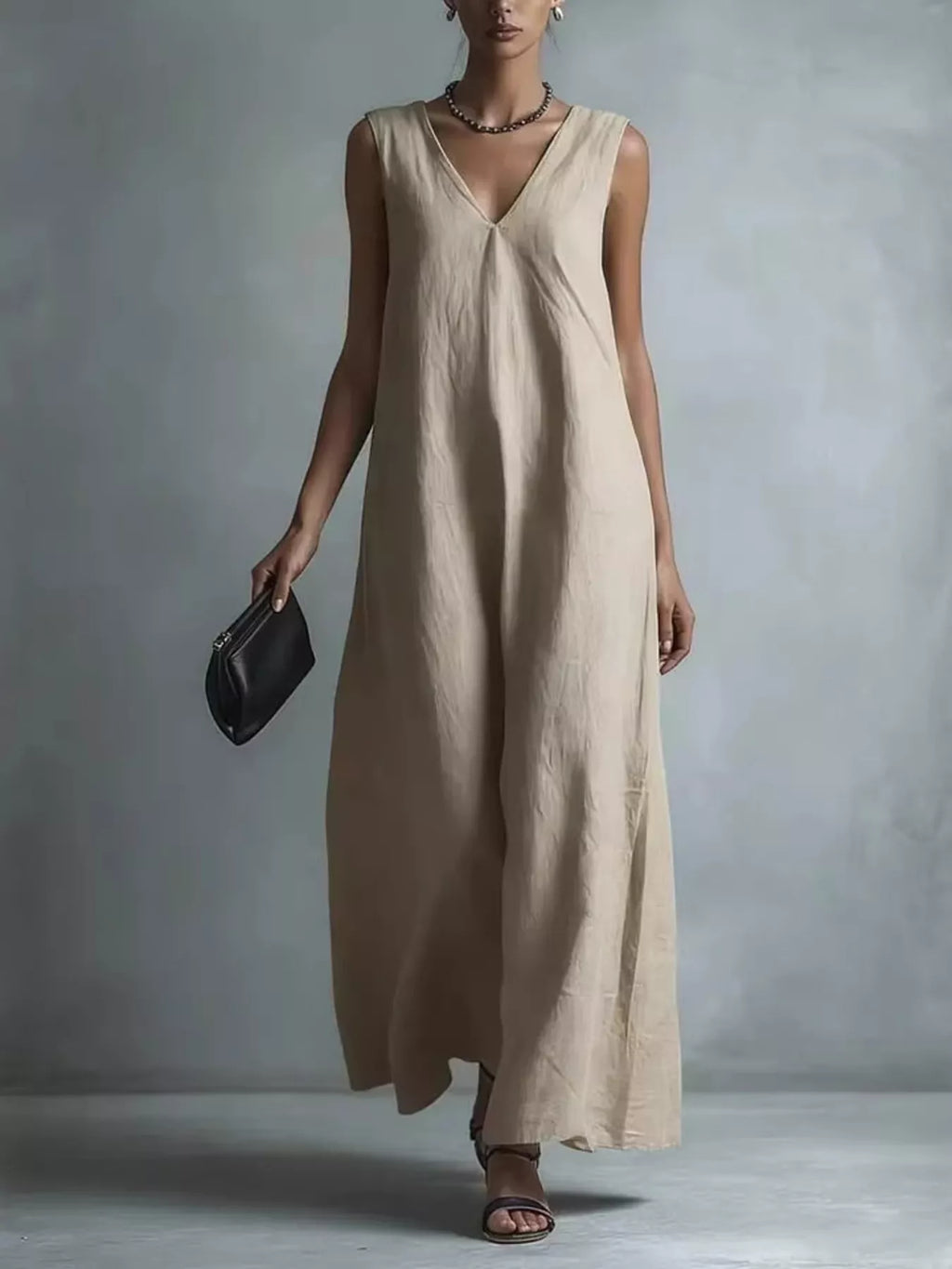 Plus size full-length V-neck sleeveless maxi dress by Trendsi, flowing fabric and elegant design, shown in a full-body front view.