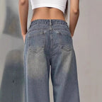 European and American women's washed vintage denim jeans by LadyShow.Store, featuring classic faded blue denim and relaxed fit.