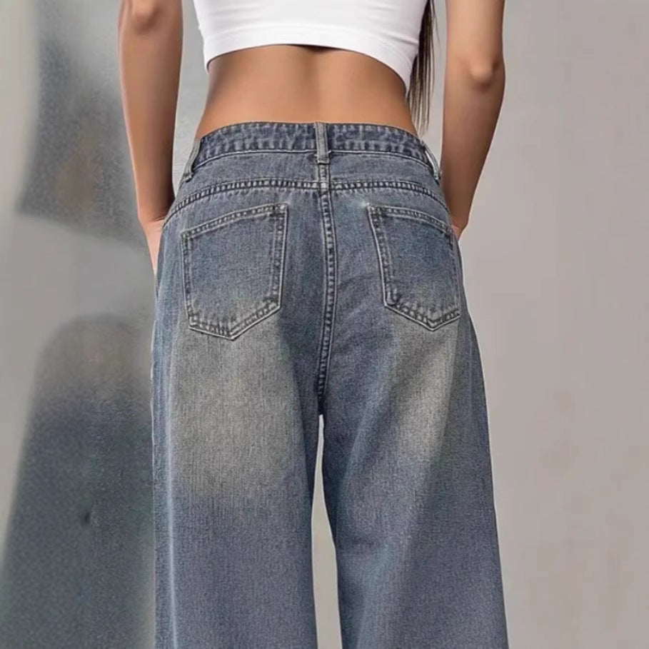 European and American women's washed vintage denim jeans by LadyShow.Store, featuring classic faded blue denim and relaxed fit.