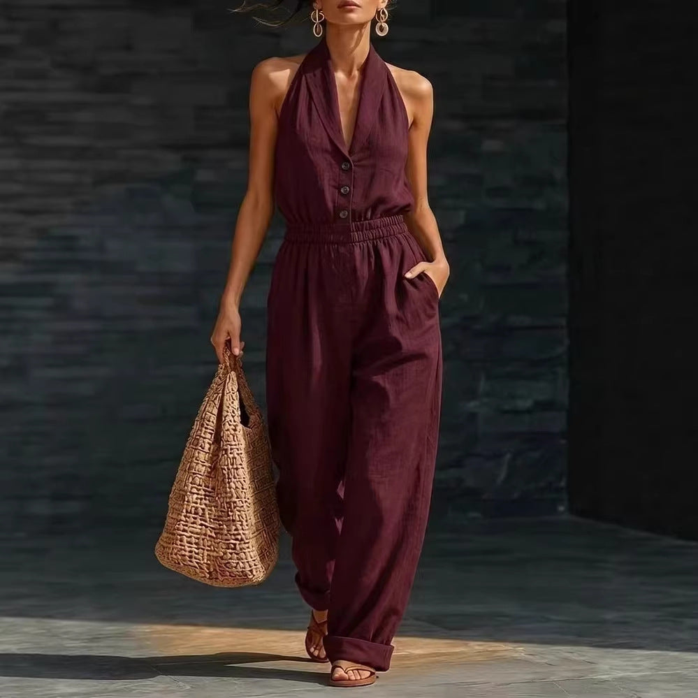 Women's knitted V-neck slim-fit cropped jumpsuit by FitiqueFit, featuring a casual knitted design and V-neck style.