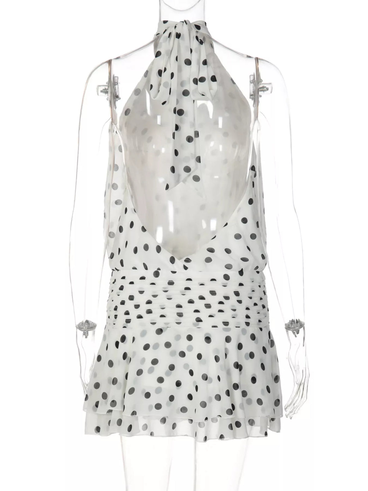 Polka dot halter neck ruffle dress by Plush Fashion Hub, featuring a playful pattern and feminine ruffle details.