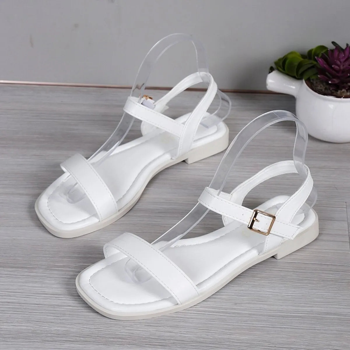 Women's open toe flat slide sandals by Plush Fashion Hub, made of comfortable PU leather with a stylish design.
