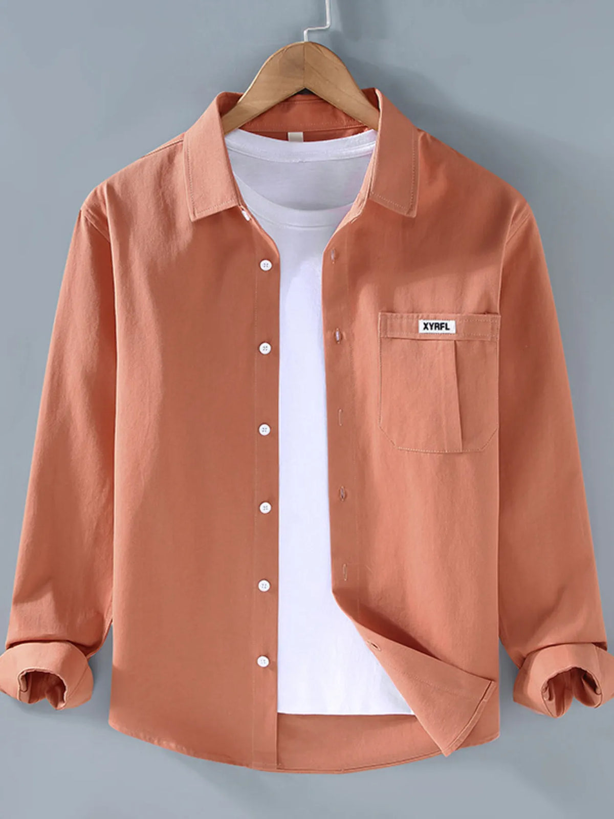 Men's plus size button-up long sleeve shirt by Trendsi, showing a stylish men's shirt with a classic collar and button front.