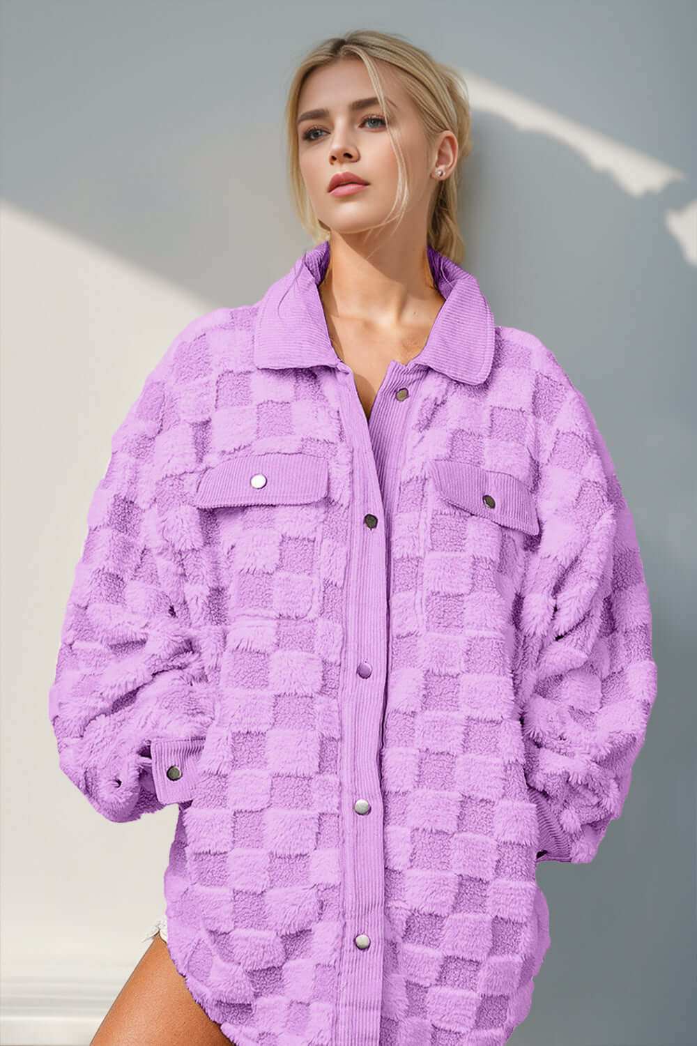 Fuzzy Checkered Shacket in lavender with button closure and pockets.