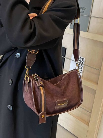 Suede Adjustable Strap Women's Shoulder Bag in brown with PU leather and suede material.