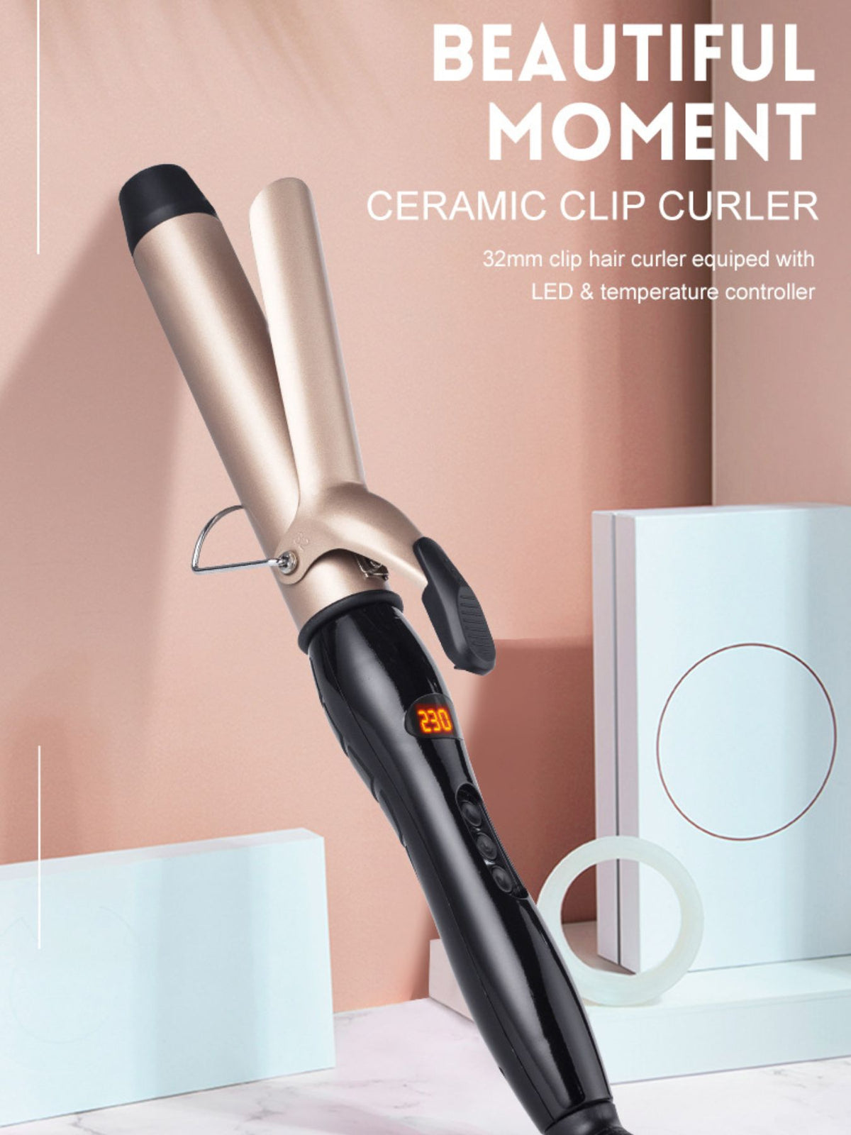 Ceramic curling iron from Plush Fashion Hub with fast heating for professional hair styling and anti-scald safety feature.