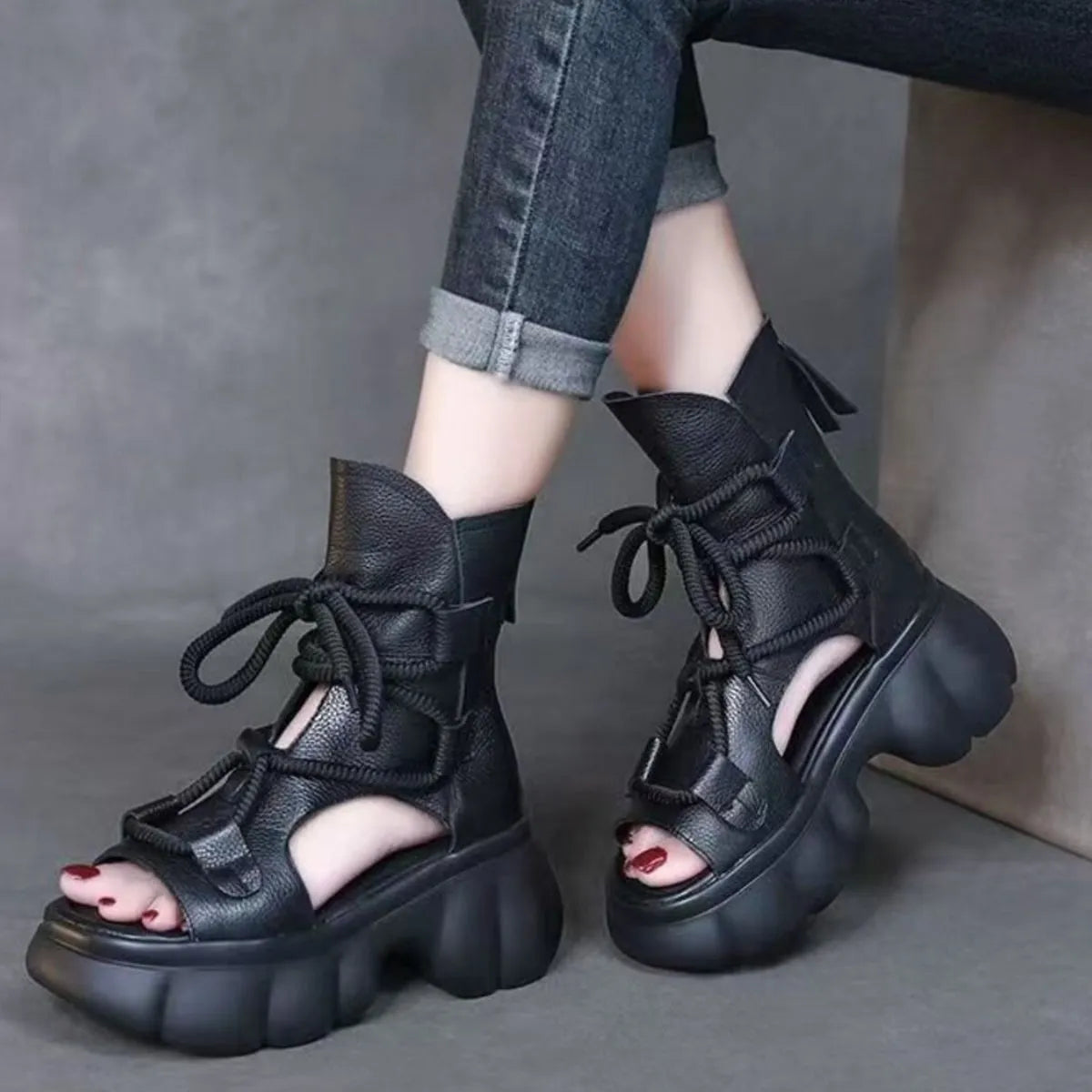 Trendsi chunky platform lace-up sandals with thick soles and stylish design, perfect for casual and trendy summer outfits.