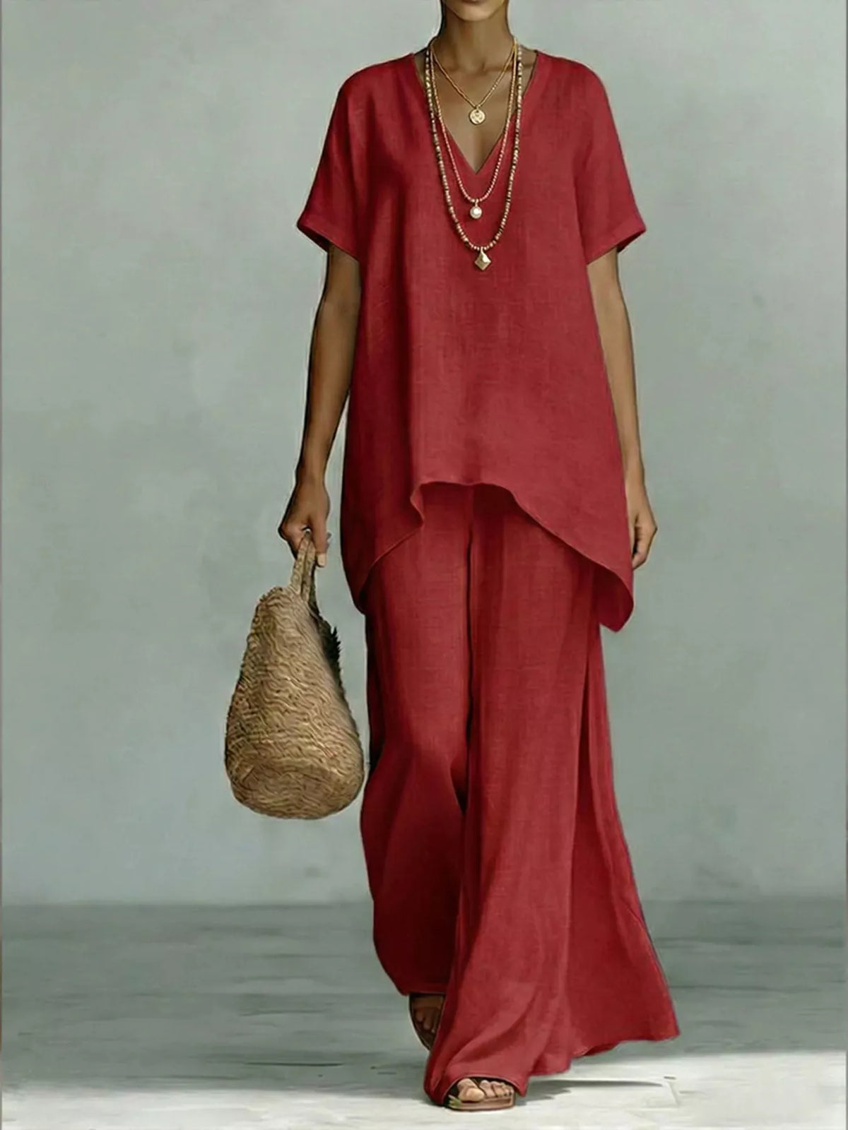 Plus size v-neck top and wide-leg pants set by Plush Fashion Hub, stylish two-piece outfit for a comfortable, full-size fit.