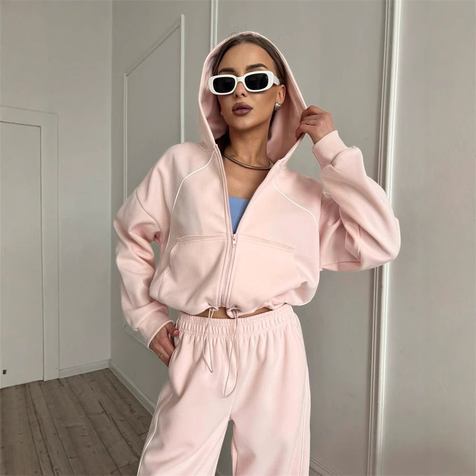 Women’s casual sportswear set by FitiqueFit featuring a solid color cardigan and matching top and bottom for active wear.