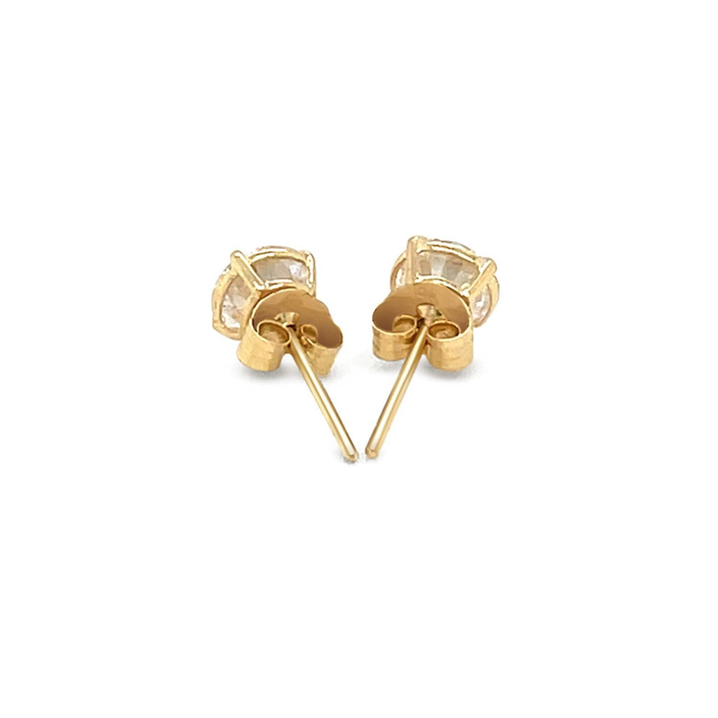 14k yellow gold stud earrings with white hue faceted cubic zirconia, showcasing elegant, sparkling gemstone details.