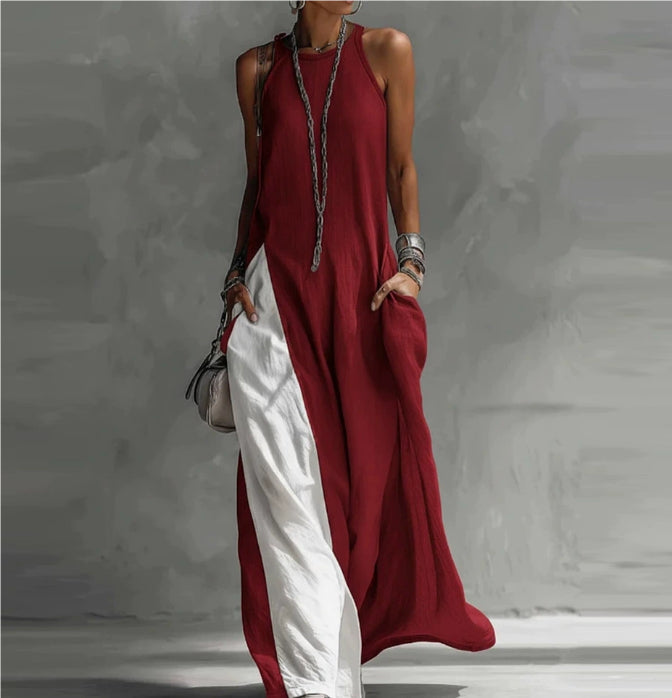 Off-shoulder color-block flared maxi dress with pockets by FitiqueFit, shown in multiple colors, flowing fabric and stylish design.