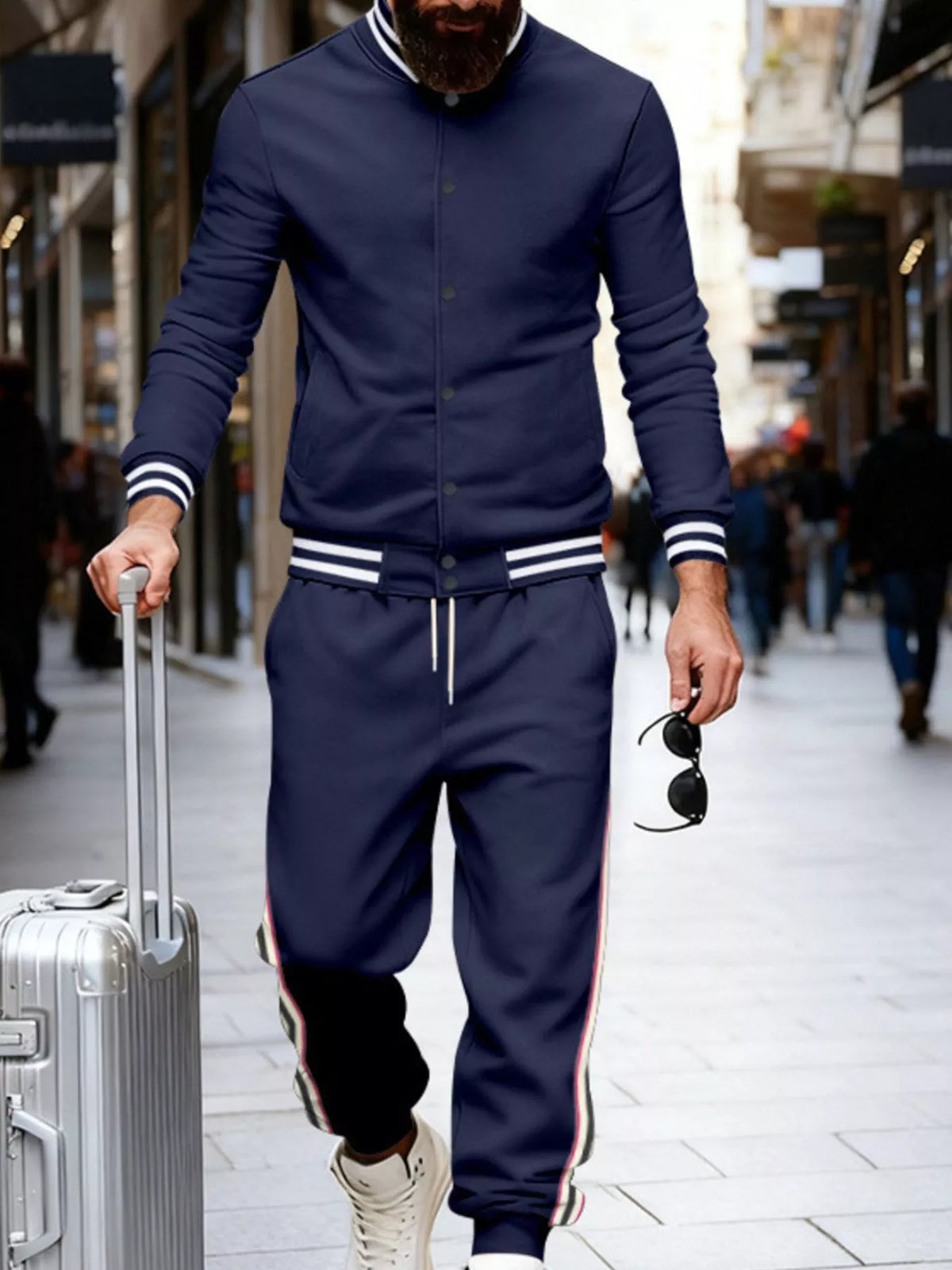 Plus size men's striped snap-down top and pants set by Plush Fashion Hub, featuring a casual, coordinated striped design.