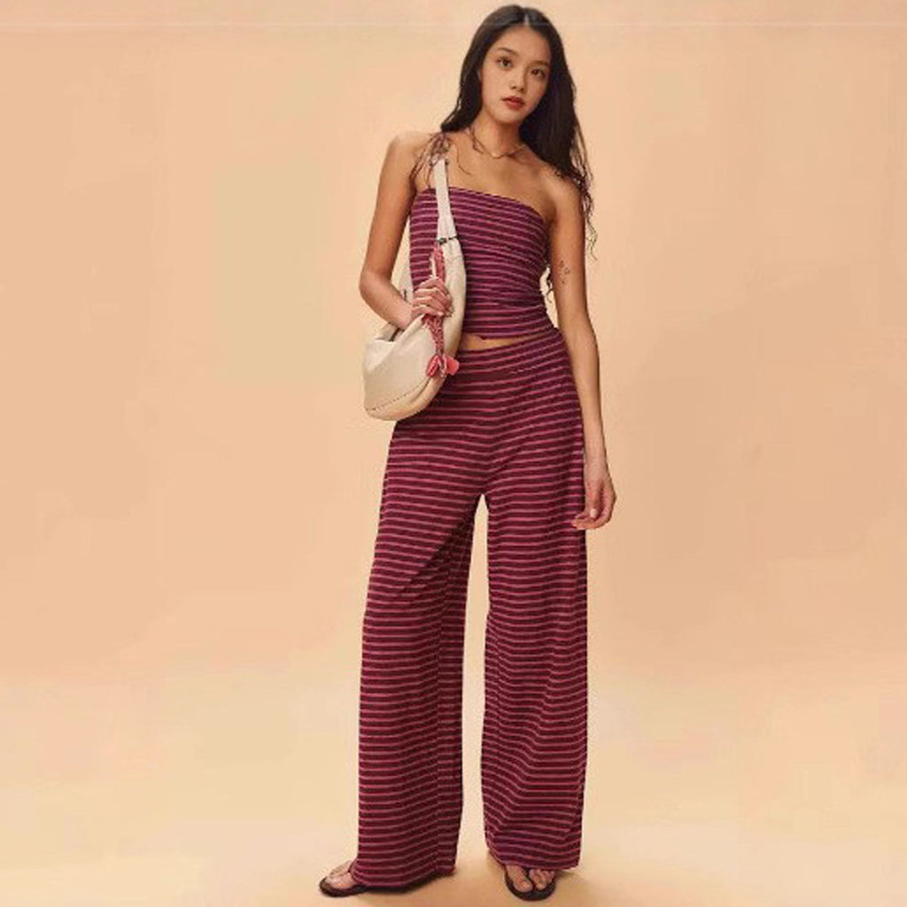 Women’s striped tube top and pants set by FitiqueFit, casualwear two-piece modal matching outfit with stylish striped pattern.