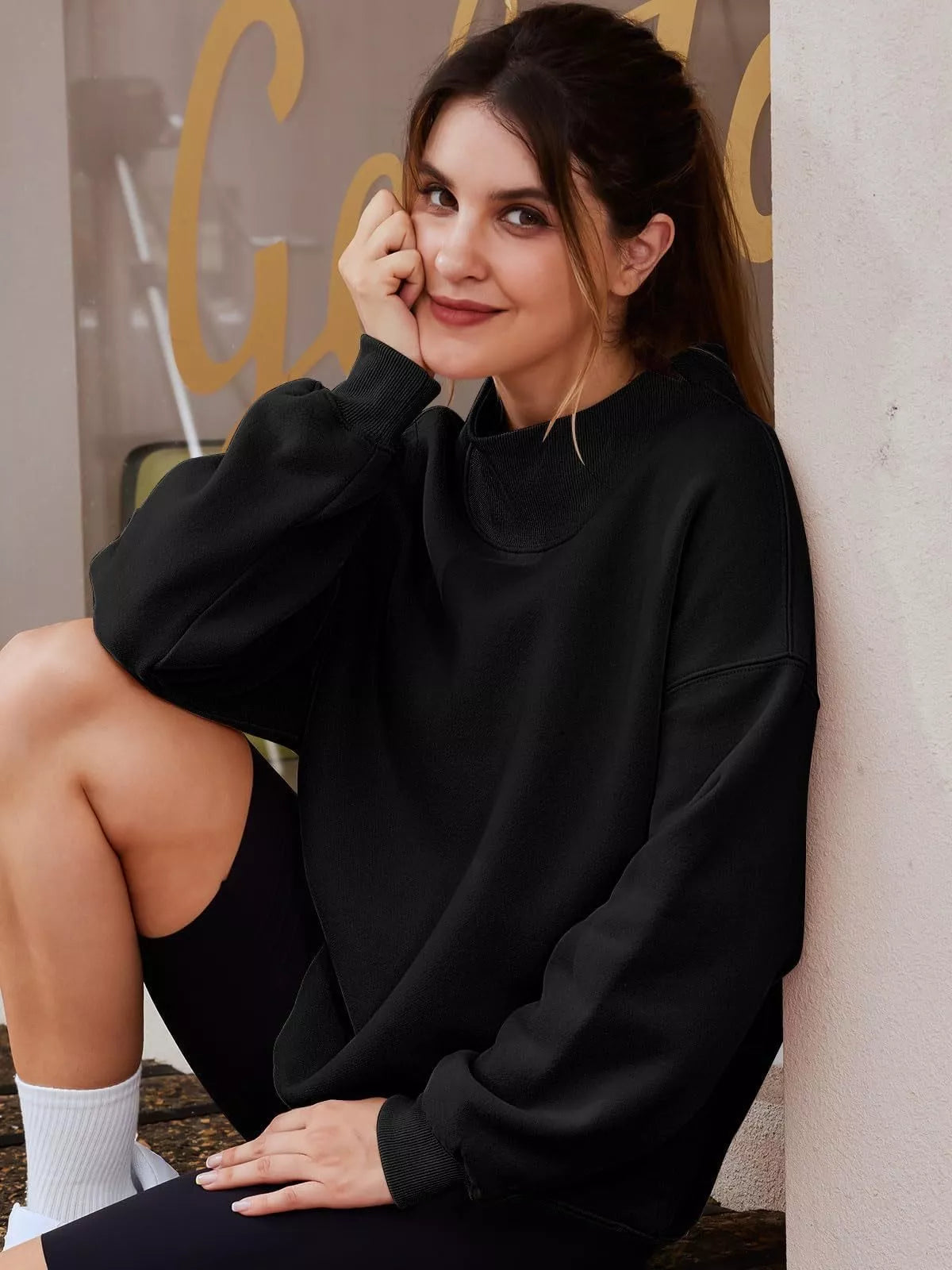 Women's oversized casual sweatshirt from Plush Fashion Hub with mock neck, dropped shoulders, and relaxed fit, made for comfortable style.
