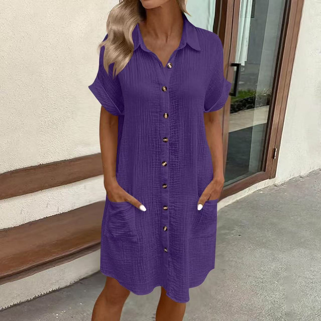 Women's casual FitiqueFit loose short-sleeve midi shirt dress with button-down front, shown hanging on a wooden hanger.