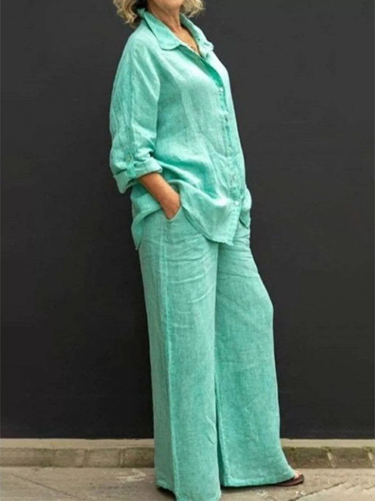 Plus size long sleeve loungewear shirt and pants set by Plush Fashion Hub, comfortable and stylish sleepwear or lounge outfit.