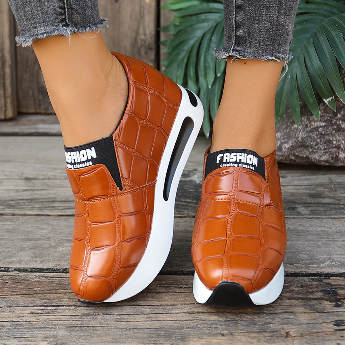 Women's faux leather crocodile pattern platform slip-on sneakers by Plush Fashion Hub, showcasing stylish and comfortable footwear design.