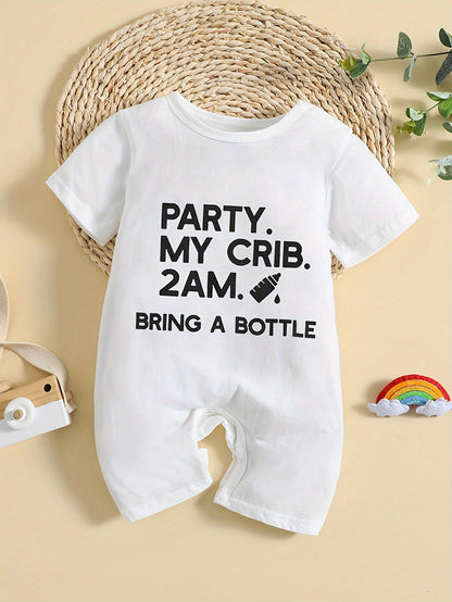 Infant's "Party My Crib 2AM" Print Bodysuit, Comfy Short Sleeve Onesie - Plush Fashion Shop