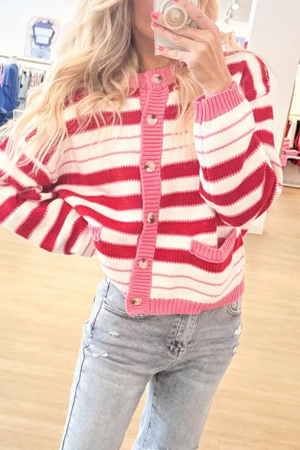 Striped V-neck long sleeve cardigan from Trendsi featuring a regular fit and open front, in a stylish striped pattern.