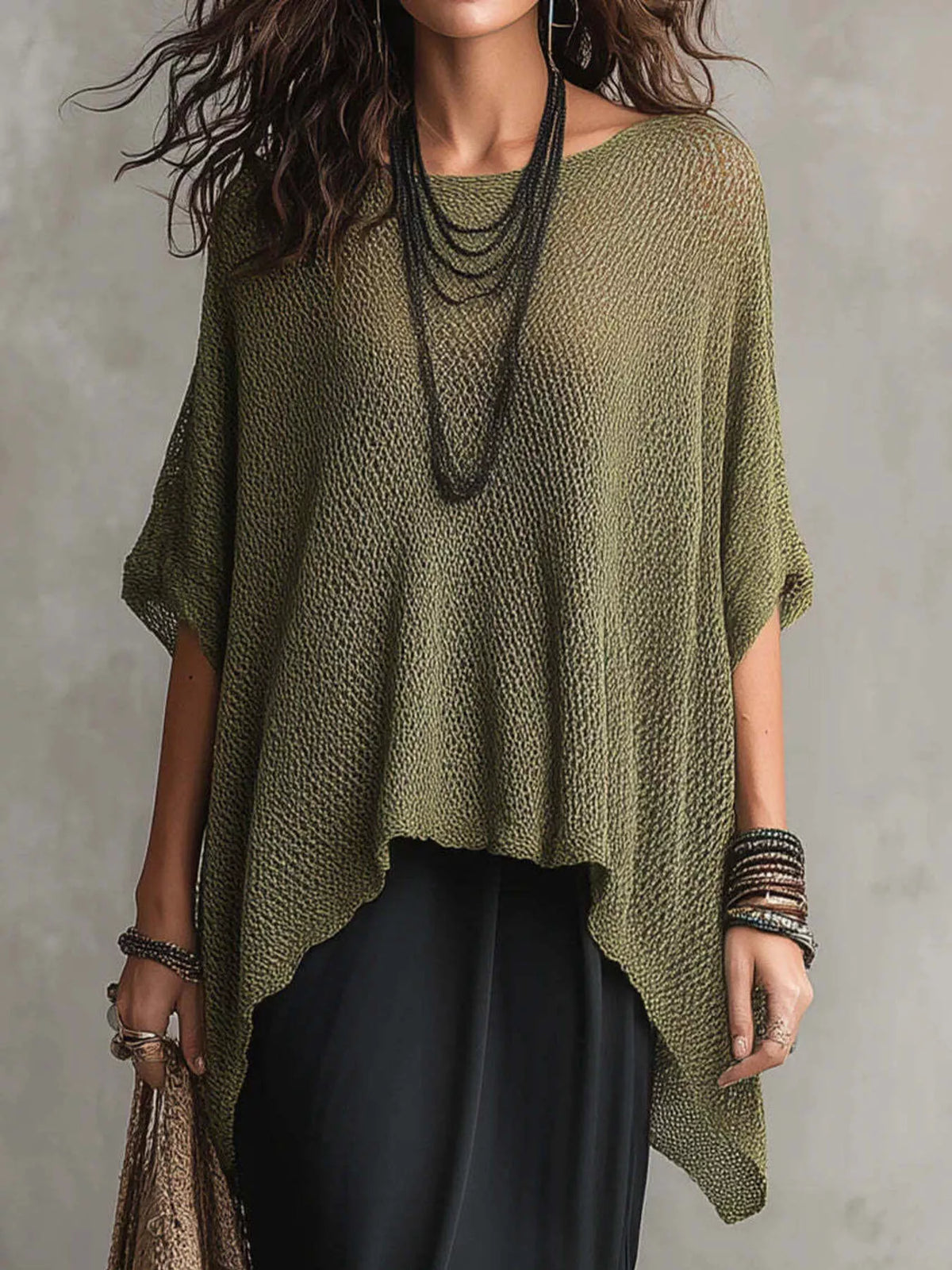 Plus size Plush Fashion Hub knit round neck top, loose fit, cozy fabric, full size, ideal for casual wear.