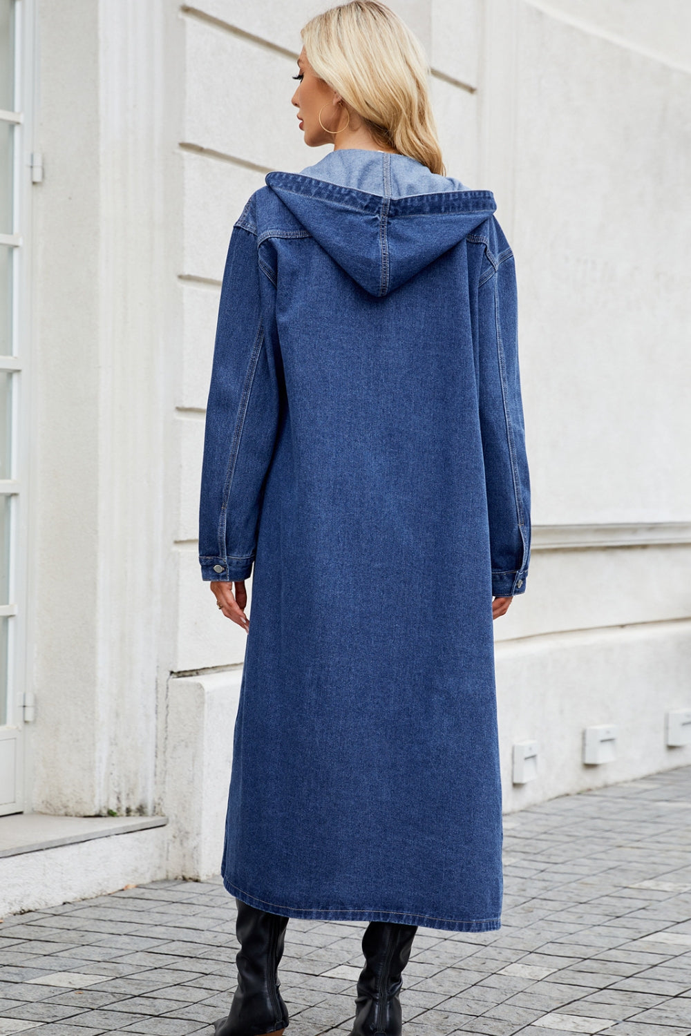 Longline hooded denim button-up outerwear by Plush Fashion Hub, featuring long sleeves and a casual, stylish design.