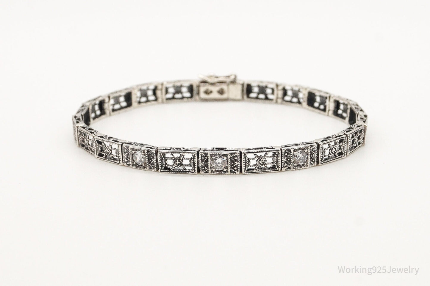 Vintage Cubic Zirconia Art Deco Sterling Silver Bracelet Working 925 Jewelry
