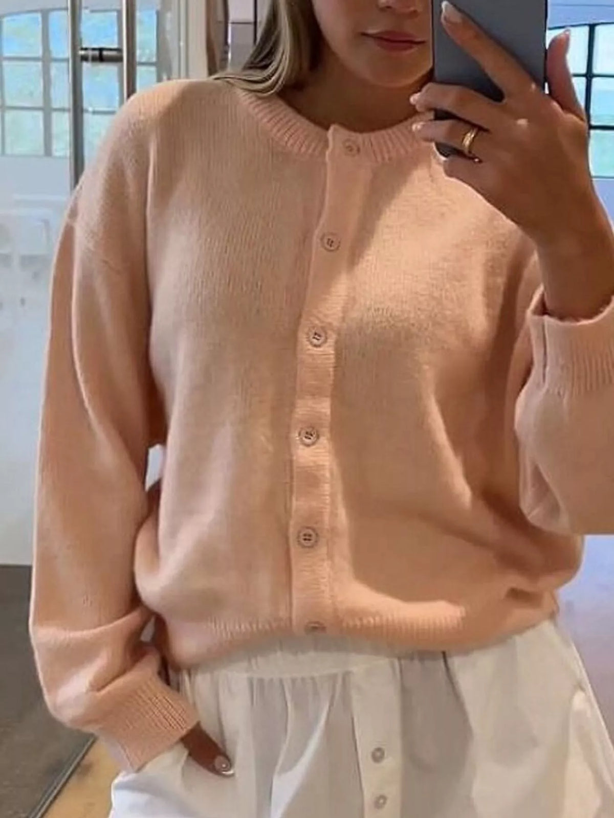 Simply Love button-down knit cardigan with long sleeves and a cozy, textured fabric, displayed on a neutral background.