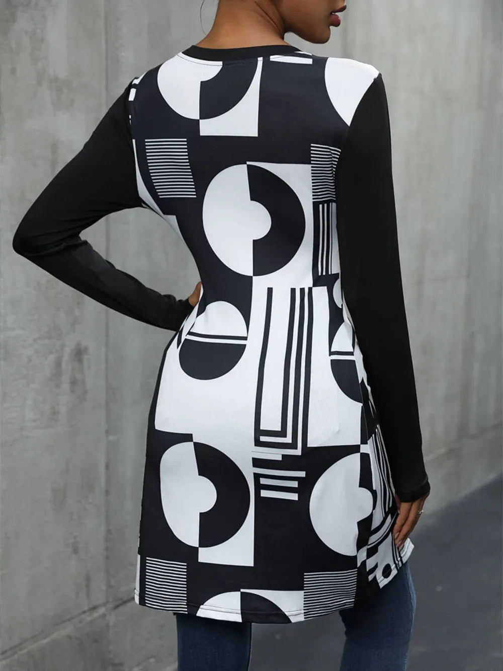 Geometric round neck long sleeve T-shirt by Plush Fashion Hub, featuring a modern pattern and comfortable fit.