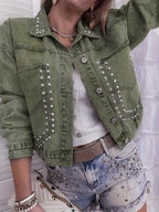 Women’s studded denim jacket by Plush Fashion Hub featuring a stylish blue denim design with metal stud accents.
