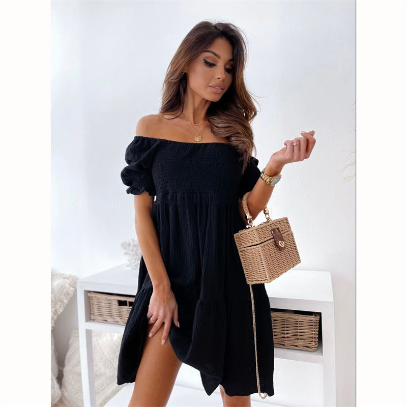 FitiqueFit casual one-word collar puff sleeve mid dress with a wrinkle-resistant fabric and relaxed fit, perfect for everyday wear.