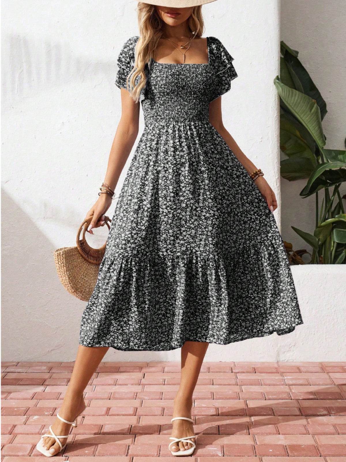 Floral print smocked ruffle sleeve midi dress by Plush Fashion Hub, lightweight summer dress with feminine floral design.