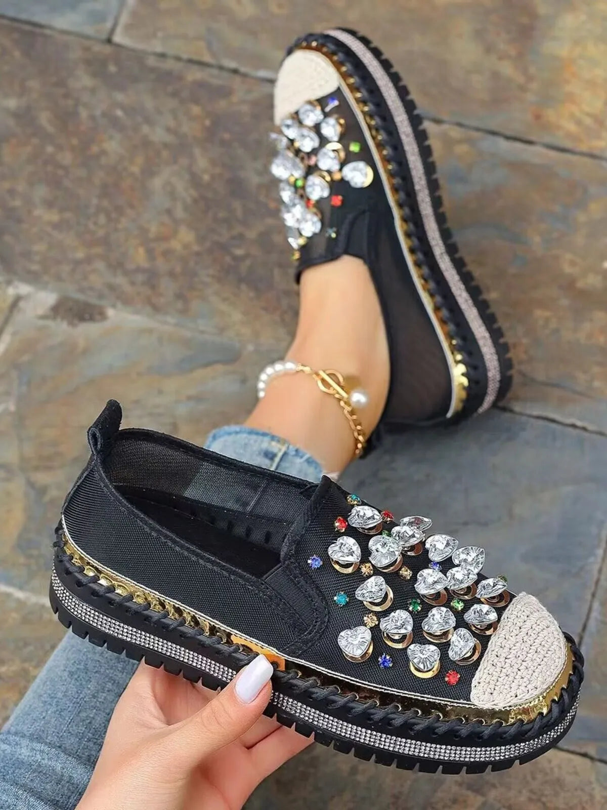 Rhinestone decor platform loafers from Trendsi, featuring sparkling rhinestones and a stylish footwear design.