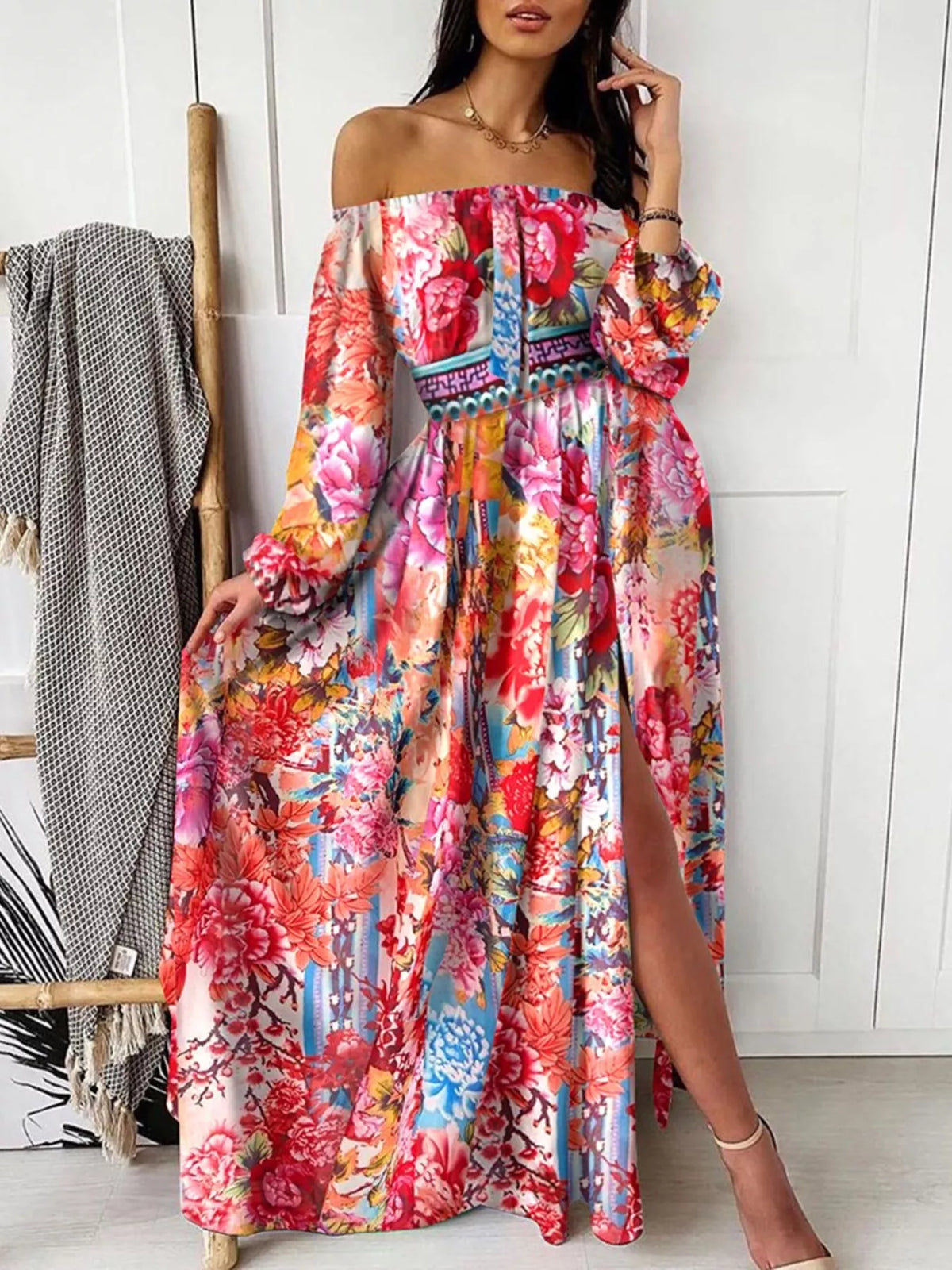 Plush Fashion Hub off-shoulder printed maxi dress with a slit, featuring soft fabric and stylish design for a chic look.