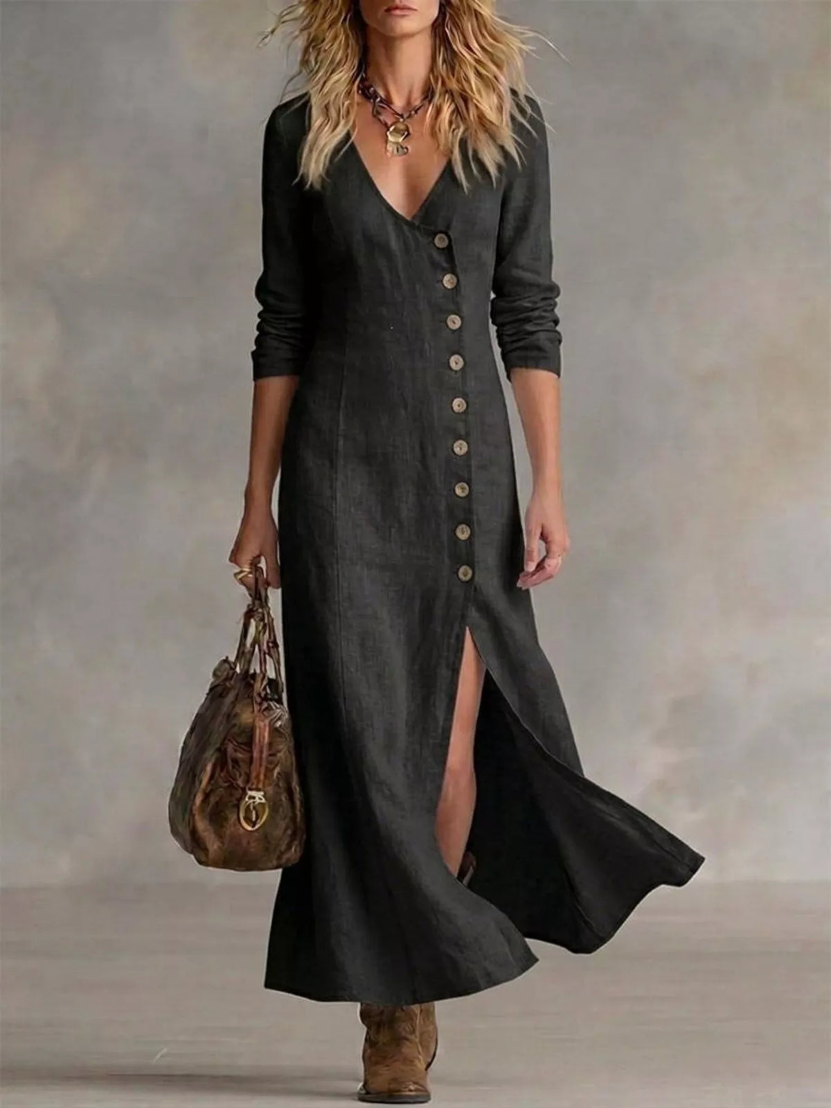 Plus size maxi dress with button front and slit, by Plush Fashion Hub, featuring a flowing silhouette and elegant design.