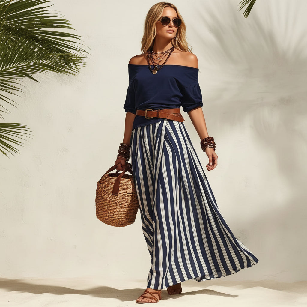 FitiqueFit women's casual off-shoulder top and slit maxi skirt set, soft fabric, stylish and comfortable for everyday wear.