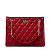 Women's stylish large-capacity red tote handbag with quilted design and gold chain strap.